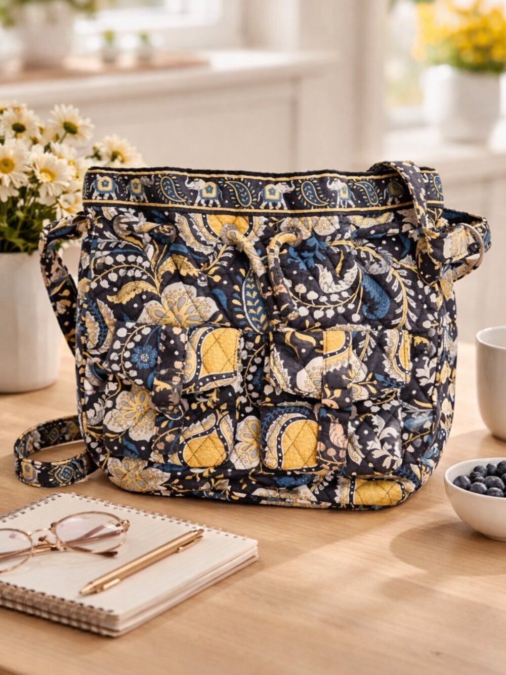 Vera Bradley Ellie Blue & Yellow Elephant Drawstring Crossbody Bag flap pockets